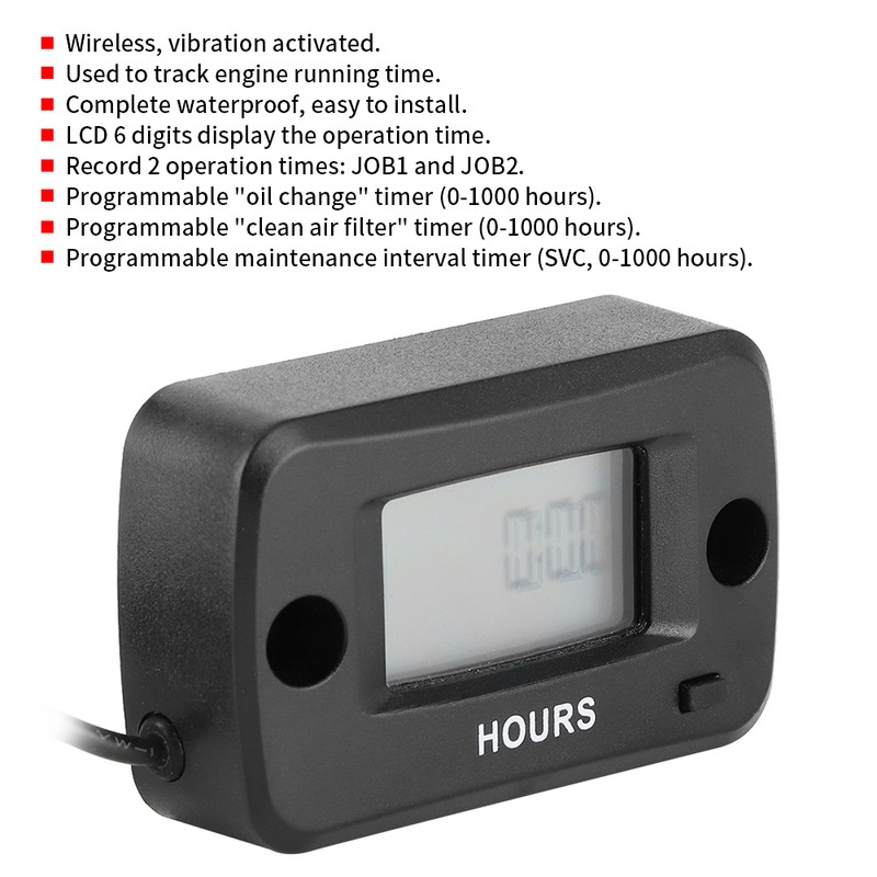 Engine Hour Meter Digital LCD Display Gauge Vibration Activated Waterproof