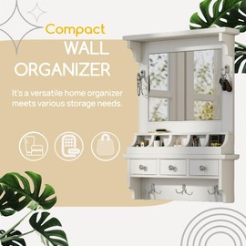 Polibi Wall-Mounted Makeup Vanity with Large Mirror - Space-Saving White Floating Vanity Table with Storage Drawers, Pockets & Hooks, Decorative Organizer for Bedroom/Bathroom