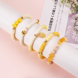 WEWAYSMILE 5 Pcs Preppy Heishi Beaded Bracelet Yellow Surfer Bracelet Kit Boho Surfer Bracelets Stackable Bracelet for Ladies Beach Surfing (5Pcs/Set), Polymer Clay