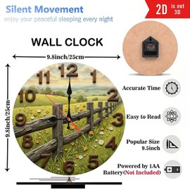 Rustic Farmhouse Fence Field Landscape Wall Clock 10-Inch Wooden Wall Clock, Silent Movement, Battery Operated (AA Batteries Not Included), Artistic Home Decor, Perfect for Home Accents