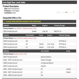 Marketplace Auto Parts Front Right Passenger Side Door Latch Cable - Compatible with 2003-2007 Honda Accord (Vehicles Made in the USA)