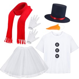 6 Pcs Christmas Adult Snowman Costume Kit Tutu Skirt Fake Carrot Nose Shirt Scarf Hat Gloves for Women Party Cosplay (Small)