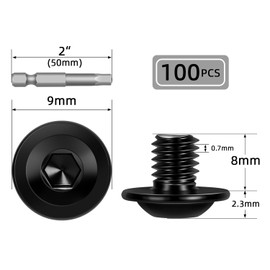 M4-0.7 x 8mm 100 PCS Flanged Button Head Socket Cap Bolts Screws, Stainless Steel 304, Allen Socket Drive, Screwdriver Bit Included, Black Finish, Fully Machine Thread