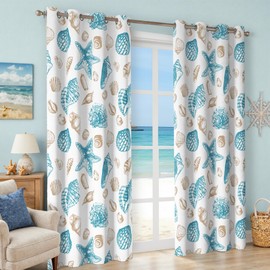 Coastal Beach Curtains Decorative Nautical Seashell Starfish Grommet Drapes Themed Thermal Insulating 50% Light Blocking Window Curtain 63 Inch Length for Living Room, Bedroom 2 Panels, 52x63 Inches