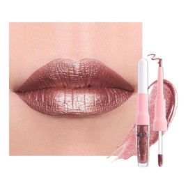 evpct Dark Bronze Metallic Glitter Lip Liner and Lipstick Combo Lip Gloss Stain Set Makeup for Women Long Lasting Waterproof 24, Iced Mocha Frosted Metallic Shimmer Glossy iridescent Liquid Lipstick 6