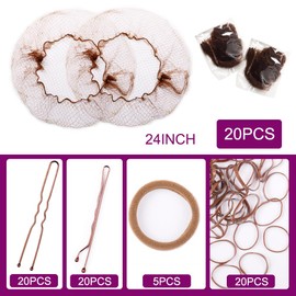 Ballet Bun Hair Nets 85Pcs 20 Invisible Elastic Edge Mesh Nets (12inch) 20 U Shaped Pins 20 Bobby Pins 20 Elastic Bands 5 Hair Ties for Ballet Bun Maker & Dance, Light Brown