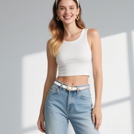 JASGOOD Women's Skinny PU Leather Belt Thin Waist Belt with Gold Buckle for Jeans Pants Dresses 0.7”(Beige