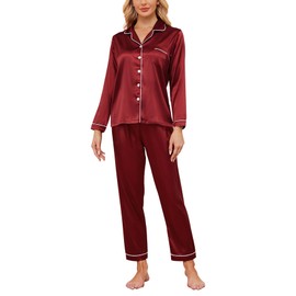 YIJIU Women Silk Pajamas Set Long Sleeve Satin Sleepwear Button Down Pjs Set Simple Solid Color 2 Piece Nightwear Loungewear,Red,XXL