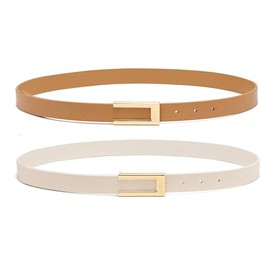 YooAi Womens Leather Belt Skinny Waist Belt for Dresses Jeans Pants with Gold Buckle Camel+White 118