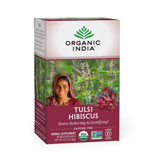 Organic India Tulsi Hibiscus Herbal Tea - Stress Relieving & Gratifying, Immune Support, Adaptogen, Vegan, USDA Certified Organic, Non-GMO, Calming, Caffeine-Free - 18 Infusion Bags, 1 Pack