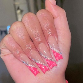 Kamize Long Fake Nails Bling Press on Nails Full Cover Acrylic Square Rhienstones Fake Nails for Women and Girls 24PCS