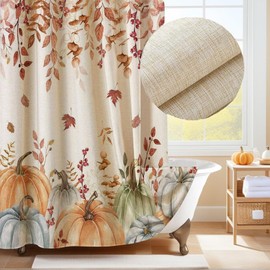 Cortina de ducha de lino con hojas de calabazas de otoño, color amarillo, naranja, acuarela, hojas de eucalipto, juego de cortina de ducha con ganchos, cortinas de ducha de otoño para baño, cortina de