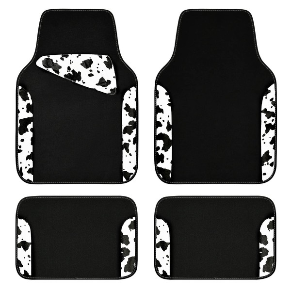 CAR-PASS Waterproof Universal Fit Car Floor Mats, Cow Print Car Mats Fit for SUV,Vans,sedans, Trucks,Set of 4pcs Car Carpet with Driver Heel Pad and Nibs Backing,or Cute Women Girly Funny Black White