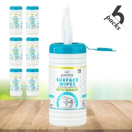 Juniper CLEAN 6 Pack Surface Cleaning Wipes with Bleach, All-Purpose Cleaner for Bathroom, Kitchen, Office, 450 Count Canister, Fresh Scent, 7.5" x 7" Sheet, Lint Free & Durable