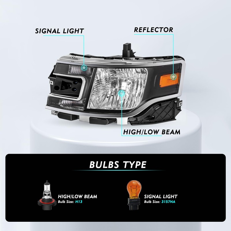 TUSDAR OE Style Headlight Assembly Replacement for 2013-2019 Ford Flex