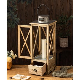 TIMRIS Large Farmhouse Wooden Candle Lantern Set of 2, Rustic Floor Candle Lanterns with Drawer, Vintage Hurricane Lantern Holder for Indoor Outdoor Decor (No Glass)