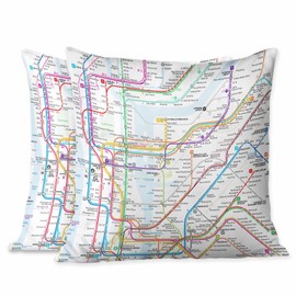 Beabes Throw Pillow Covers New York Subway Map Route Red Blue Orange Purple Green Pink Soft Decorative Square,Pack of 2 Cushion Case for Sofa Bedroom Car 18X18 Inch 45X45 Cm