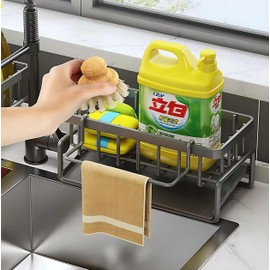 AMSAMOTION Sink Kitchen Organiser, Sink Organiser Stainless Steel with Self-Draining Drain Tray for Sponge Holder, Towel Holder, Dish Cloth Holder, Super Organiser for Kitchen and Bathroom