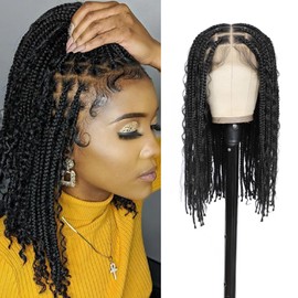13x8 HD Lace Front Boho Knotless Box Braided Wigs For Women Bohemian Braiding Wig Braid Lace Front Wig With Curly Ends Human Hair Blended Braided Wig With Baby Hair Natural Black 18 Inch
