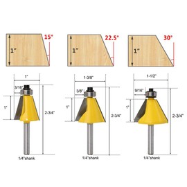 Bestgle 3pcs 1/4" Shank Chamfer & Bevel Edging Router Bit Set, 15°, 22.5°, 30° Cutting Angles, Carbide Material, 2 Flute, Router Bits