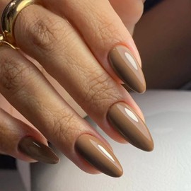 Fall Press on Nails Short Almond Fake Nails Brown Nails Press ons Glossy Glue on Nails Daily Wear Simple Acrylic Nails with Solid Color Designs Winter Stick on Nails for Women 24Pcs