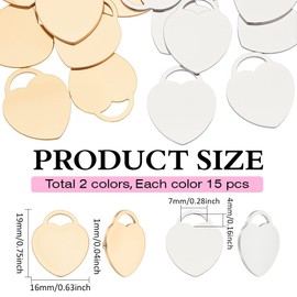CRAFTYMELODY 30Pcs 2 Colors Heart Stamping Blank Tag 304 Stainless Steel Pendants Love Engraving 19x16mm Flat Blank Charms for Bracelet Earring Necklace Jewelry Making DIY Craft