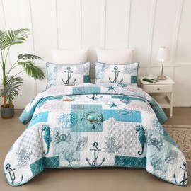 Beach Quilt Set Queen Size,3 Piece Coastal Ocean Summer Bedspread Coverlet Set with 2 Pillow Cases Lightweight Soft Microfiber Nautical Bedding Set Thin Quilted Blanket for All Seasons (96"x90")