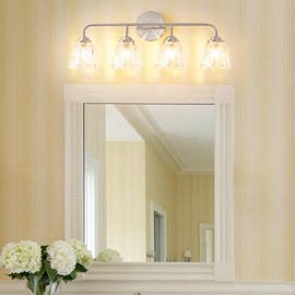 Daunton Vintage 4-Light Brushed Nickel Bathroom Light Fixtures, Elegant Bathroom Vanity Lights Over Mirror, Vanity Lighting for Bathroom with Clear Shade, Art Deco Wall Sconce Lighting for Bedroom