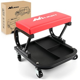 Nilight Rolling Mechanic Seat, 250 LBS Capacity Padded Mechanic Stool with Tool Tray Storage, Auto Repair, Red
