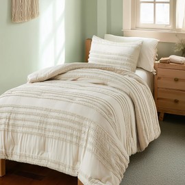 BEDELITE Boho Twin/Twin XL Comforter Set，Beige Tufted Striped Bed Set 2 Pieces, Soft Vintage Farmhouse Comforter for College, Boho Home Dorm Decor, Fluffy Jacquard Bedding with 1 Pillow Sham