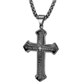 BeePeep Cross Necklace Lord's Prayer Men Women Cross Pendant for Car Rear View Mirror Hanging Cross Charm Car Interior Mirror Accessories Decor Ornament Jesus Christian Gift (Black-2)