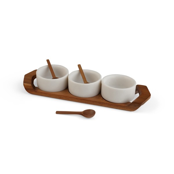 nambe Chevron Condiment Tray with Spoons –Acacia Wood Tray and