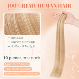 Benehair Invisible Tape in Hair Extensions Human Hair 10 Pieces Remy Straight #12P613 Golden Brown Mix Bleach Blonde Real Hair Extension Tapes 16 Inches (15 g)