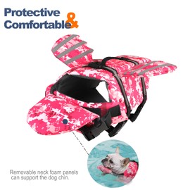 Petglad Dog Life Jacket, Wings Pet Life Vest, Reflective Dog Flotation Swim Vest with Handle and Chin Float for Boating Surfing Swimming, for Puppy Small Medium Large Size Dogs - Pink Camo, XS