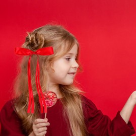 AMYBASIC 2pcs Hair Clips Bow with Long Tail, Tassel Ribbon Hair Clips for girls, Hair Accessories for Baby Toddlers Teens Kids（Red)