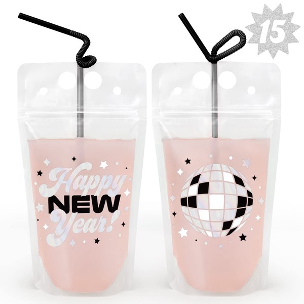 xo, Fetti New Years Eve Party Drink Pouches - 15 pcs | NYE Party Favors, Happy New Year Decorations, NYE 2023 Cups Decor