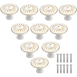 Chstarina Pack of 10 White Drawer Knobs, 35 mm, Vintage Cabinet Door Knobs, Round Furniture Knobs, Aluminium Alloy Drawer Knobs, Dresser Knobs, Furniture Handle with 10 Screws for Kitchen Cupboard Drawer Decoration