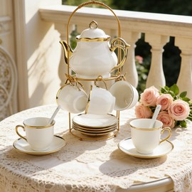 20-Piece Porcelain Tea Sets for Adults, British Style Tea Party Sets for 6 Adults, Includes Tea Cups and Saucers, Teapot, Spoons & Metal Rack, Elegant Ceramic Tea Set for Women, Wedding & Home Decor