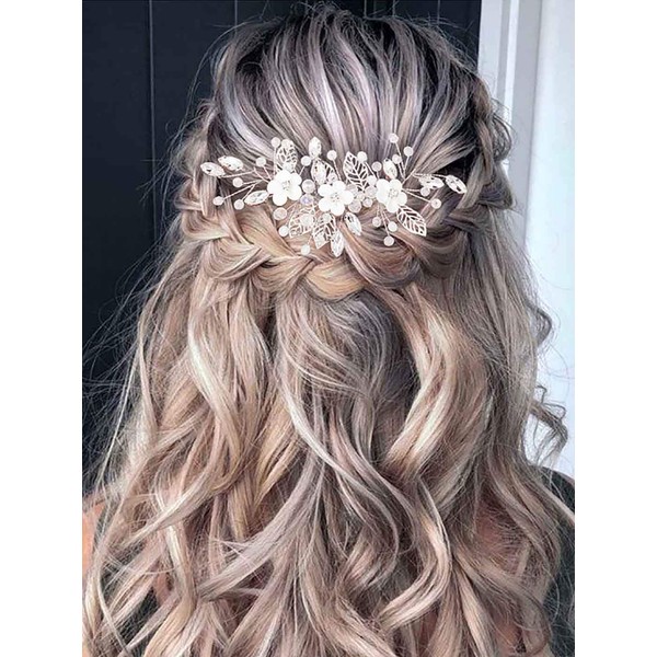 Vakkery Bridal Wedding Hair Vine Silver Flower Leaf Headband Bride Short Crystal Hair Piece Rhinestone Hair Accessories for Women and Girls