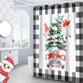 Hipposama Clearance Plaid Christmas Shower Curtain for Bathroom Santa Gift, Fun The Christmas Tree and The Christmas Truck Decoration Shower Curtains with 12Hooks 72x72inch