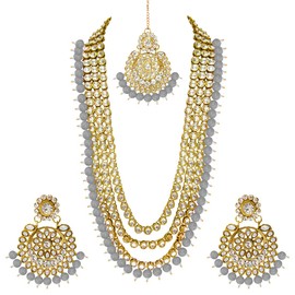 Aheli Indian Ethnic Wedding Faux Kundan Beaded Bridal Long Necklace Earrings with Maang Tikka Traditional Jewelry Set for Women (Grey)