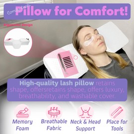 Lash Pillow for Eyelash Extensions - Curved Memory Foam Bed Pillow, Ergonomic Head Rest with Neck Support, Side Pockets for Tools, Fits Lash Beds for Tech – White