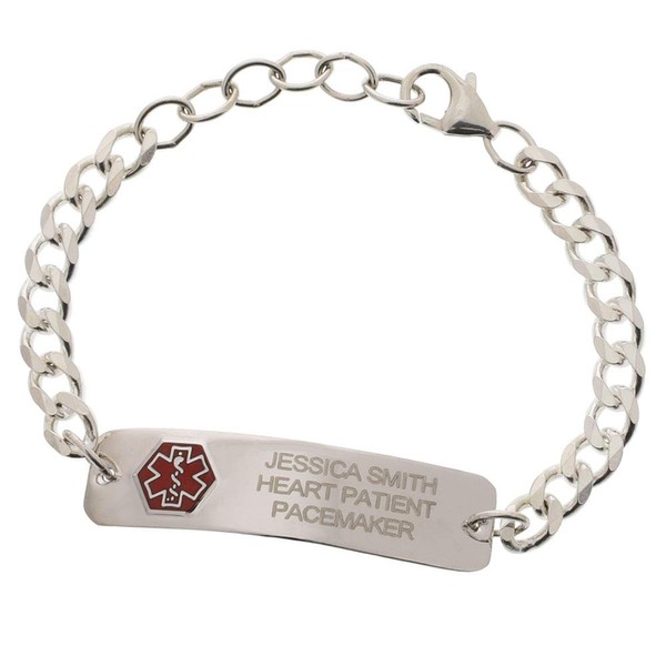 American Medical ID – Sterling Silver Classic Red Medical Alert ID Bracelet – Unisex for Women and Men, Red Emblem on Alert Bracelet. (5.5" – 6.5" wrist)