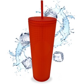 Nadia's Little Treasures Grid Plastic Tumbler Cup - Plastic Double Walled Cold Cup for iced Coffee, Water, Slush or Smoothies, Your Home Cinema Cup (Matte Red)