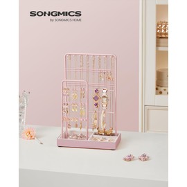 SONGMICS Jewelry Holder, Jewelry Organizer, Jewelry Display Stand with Metal Frame and Velvet Tray, Necklace Earring Bracelet Holder, for Studs, Rings, Gift Idea, Jelly Pink UJJS021R01