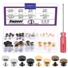 Swpeet 41 Pieces 4 Colour Screw Back Rivets Set, 40 Pieces Round Purse Feet Metal Rivets with Screwdriver, Gold Silver Bronze Gun-Black Metal Flat