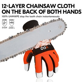 Vgo... Chainsaw Gloves 12-Layer Protection on Both Hands, Safety Foresty Work Gloves with Touchscreen in Goat Leather(XXL,1 pair)
