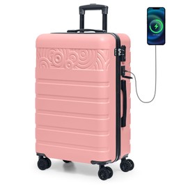 Krute Luggage Suitcase with Spinner Wheels 24-Inch Hardside Checked Luggage with USB Charging Port & TSA Lock Lightweight PC+ABS Pink