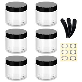Alledomain Clear Plastic Jars with 3 Mini Spatulas and Labels, Round Cosmetic Sample Containers with Inner Lining and White Lids for Lotions, Cream, Ointments, Travel, Makeup
