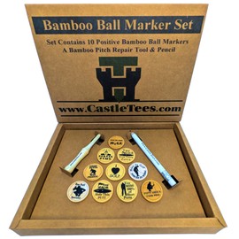 Castle Tees Golf Ball Markers with Positive Motivational Messages Set of 10 + Free Pitch Repair Tool & Pencil in a Gift Box. Great Golf Ball Marker Gift for Christmas or a Birthday or a Golf Prize